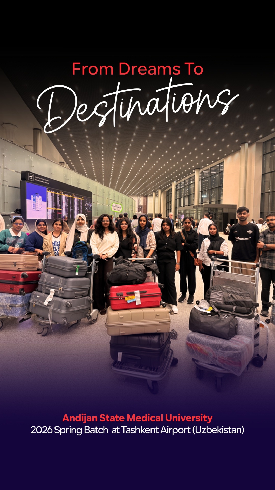 Andijan State Medical University 2026 batch arriving at Tashkent Airport